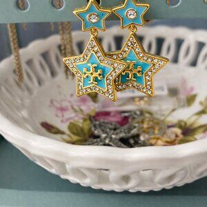 ✨ Tory Burch Gold + Blue Logo Pavé Falling Star Drop Earrings ✨